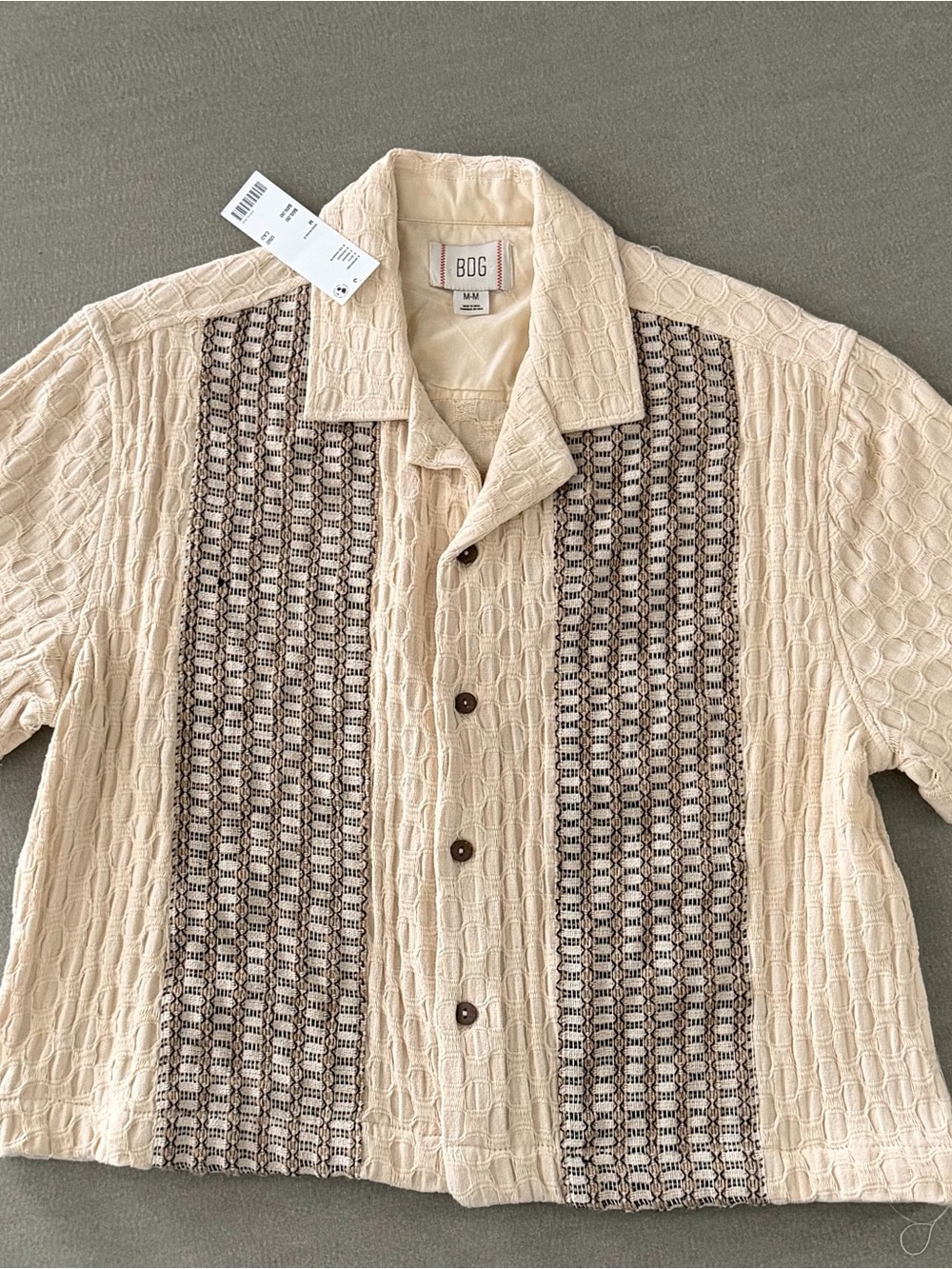 NWT BDG Cropped Cream Textured Button Up Shirt with Brown Patterned Panels.
